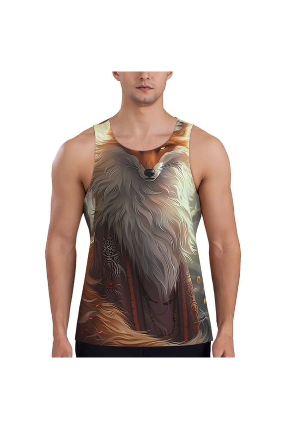 Mystic Fox With Halo Print Men's Workout Tank Top,Quick Dry Workout Tank Top,Gym Muscle Tee,Fitness Bodybuilding Sleeveless T Shirt-XX-Large