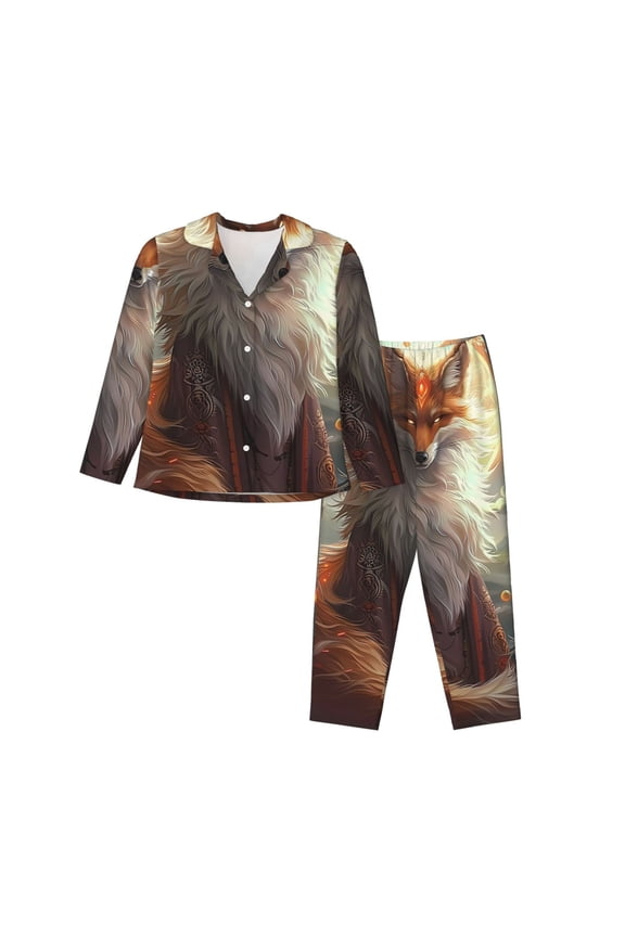 Mystic Fox With Halo Print Womens Pajamas Set,Long Sleeve Sleepwear,Button Down Lounge Set 2 Pieces,Soft Nightwear Pjs Set-Medium