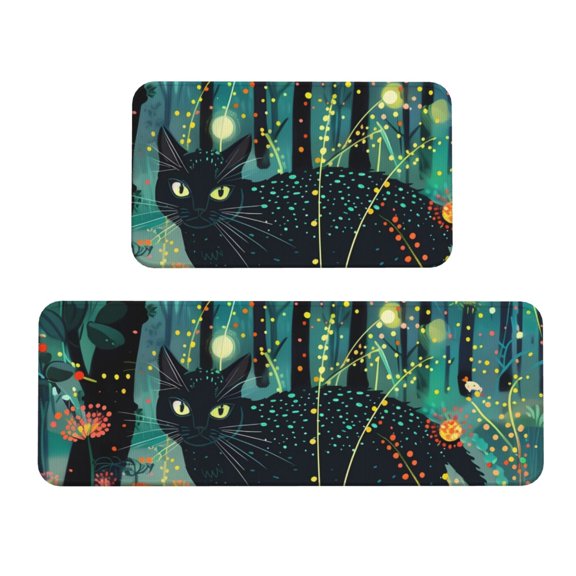 Logiee Mystical Black Cat Fireflies Print Kitchen Mats for Floor Sets of 2,Waterproof Kitchen Rugs,Non Slip Comfort Standing Mat Rug for Home,Runner,Sink,Office,Laundry