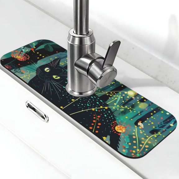 Logiee Mystical Black Cat Fireflies Print Kitchen Sink Splash Guard Faucet Mat for Splash Guard Behind Faucet Drip Catcher for Kitchen,Bathroom,Sink Mat,Dish Drying Mat,Bathroom-15" X 5.5"