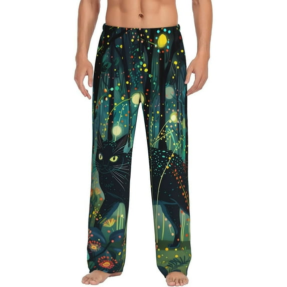 Logiee Mystical Black Cat Fireflies Print Pajama Pants for Men,Men’s Pajama Bottoms,Mens PJ Pants with Pockets & Button Fly-Small