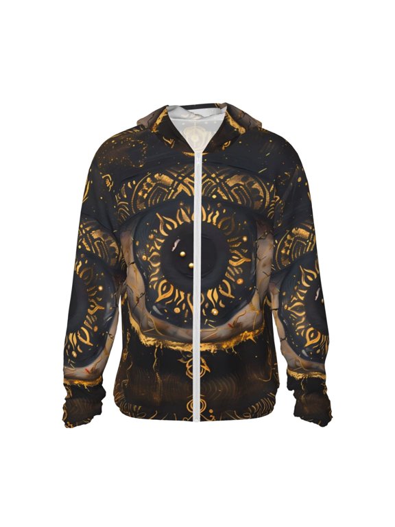 Mystical Golden Eye Print Men's Women Light Jacket Full Zip Sun Protection Hoodie Long Sleeve Sun Shirts for Men Hiking Fishing Zip Pockets-Medium