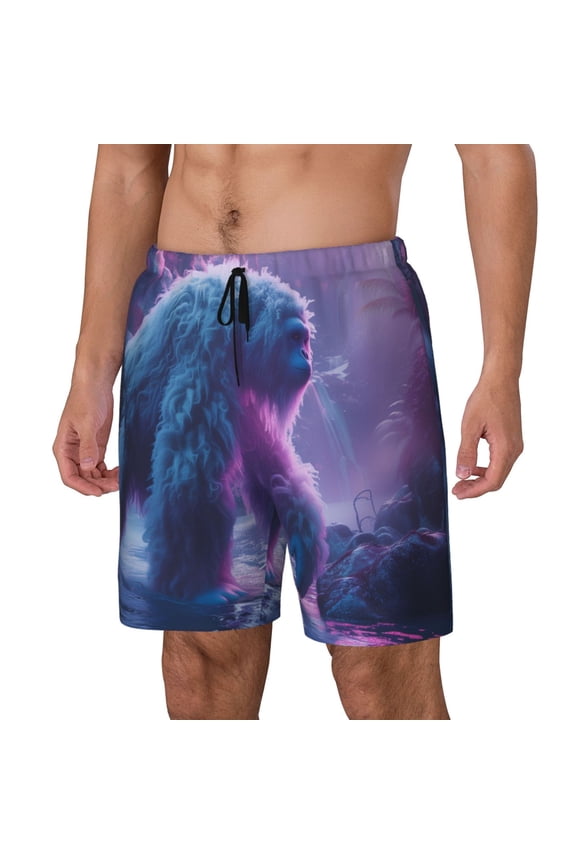 Mystical White gorilla Jungle Print Men's Swim Trunk,Quick Dry Board Shorts ,Men's Swim Trunks with Compression Liner, Bathing Suits with Pockets-Large