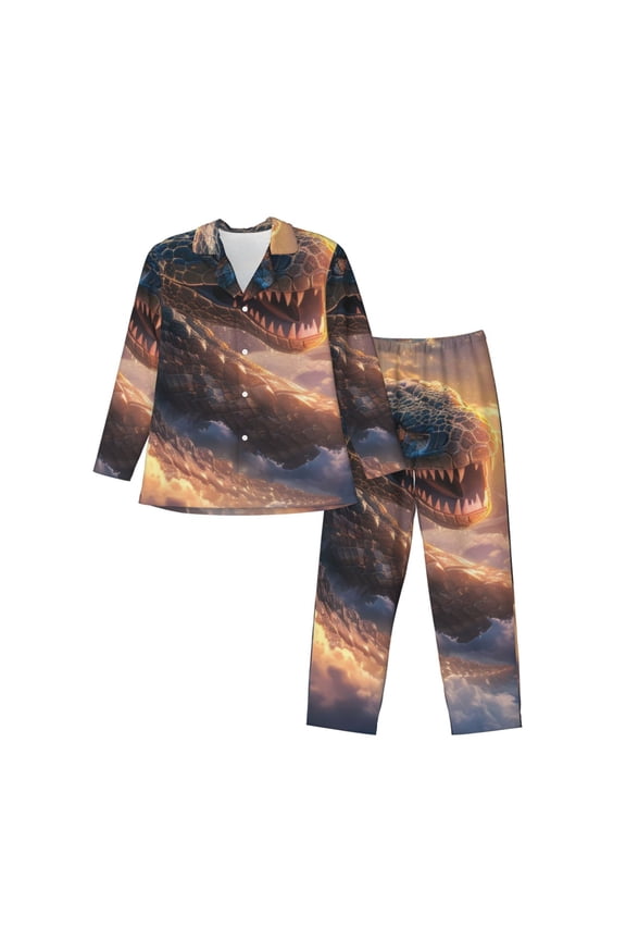 Mythical Serpent Mountain Sunrise Print Mens Long Sleeve Pajama Set,Notched Collar Pajamas for Men, Men's Sleepwear,Mens Sleepwear with Pockets & Button Down-XX-Large
