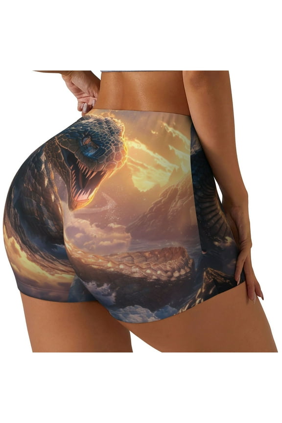 Mythical Serpent Mountain Sunrise Print Women's Biker Shorts,Workout Gym Shorts,Scrunch Shorts,Tummy Control Hidden Scrunch Running Yoga Shorts-Large