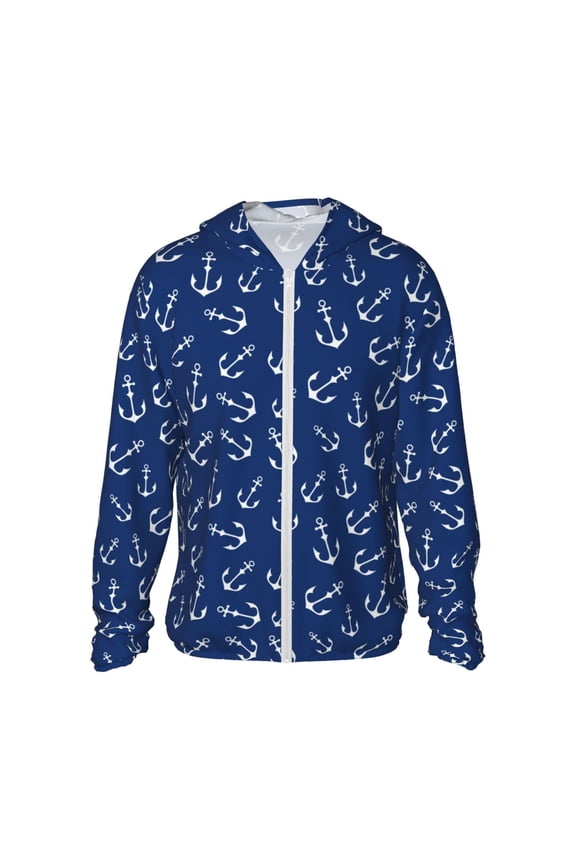 Nautical Anchors Print Men's Women Light Jacket Full Zip Sun Protection Hoodie Long Sleeve Sun Shirts for Men Hiking Fishing Zip Pockets-XX-Large