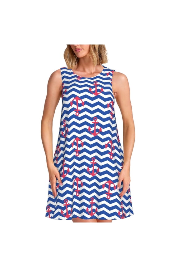 Nautical Anchors Print Summer Dresses for Women,Beach Sleeveless Flowy Pocket Tshirt Tank Sundresses,Women's Sleeveless Dress