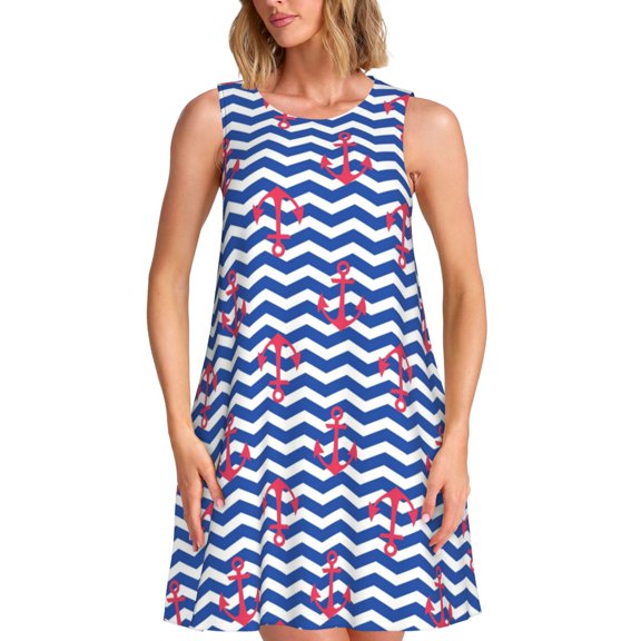 Logiee Nautical Anchors Print Summer Dresses for Women,Beach Sleeveless Flowy Pocket Tshirt Tank Sundresses,Women's Sleeveless Dress