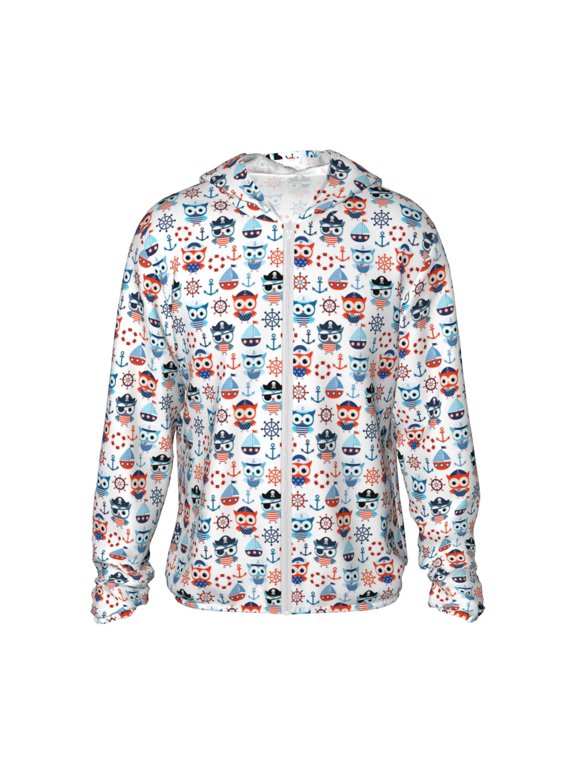 Nautical And Pirate Owls Print Men's Women Light Jacket Full Zip Sun Protection Hoodie Long Sleeve Sun Shirts for Men Hiking Fishing Zip Pockets-3X-Large