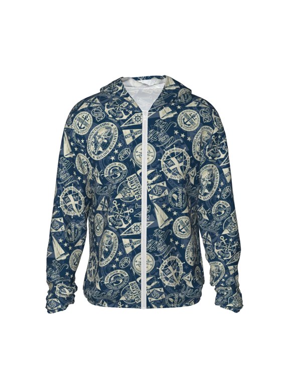 Nautical Style Print Men's Women Light Jacket Full Zip Sun Protection Hoodie Long Sleeve Sun Shirts for Men Hiking Fishing Zip Pockets-Medium