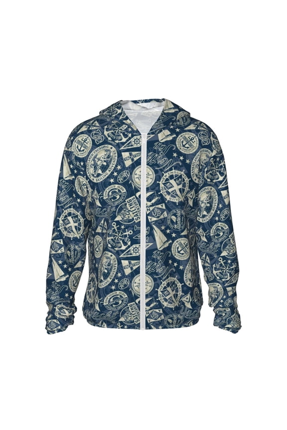 Nautical Style Print Men's Women Light Jacket Full Zip Sun Protection Hoodie Long Sleeve Sun Shirts for Men Hiking Fishing Zip Pockets-Medium