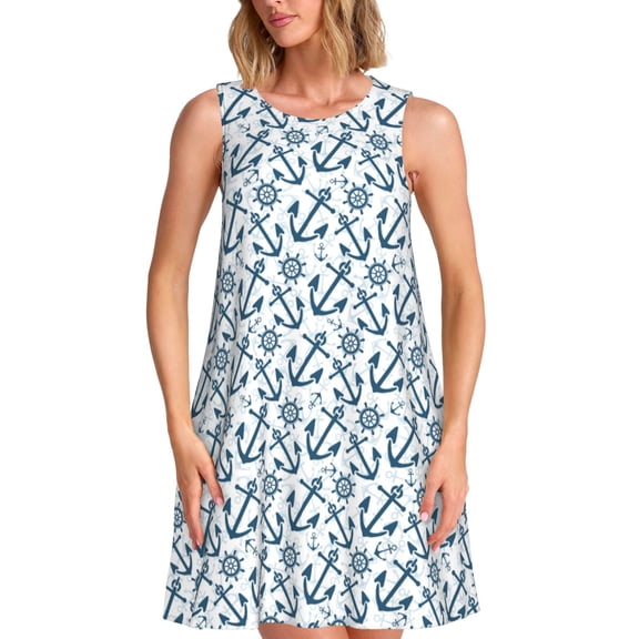 Logiee Nautical Theme Anchors Print Summer Dresses for Women,Beach Sleeveless Flowy Pocket Tshirt Tank Sundresses,Women's Sleeveless Dress