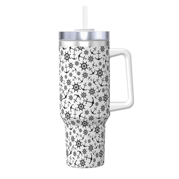 Logiee Nautical Themed Simple Anchors Print 40OZ Ice Bully Cup with Handle and Straw, Double Wall Stainless Steel Tumbler,Travel Coffee Cup with Lid, Summer Insulation and Cooling Cup