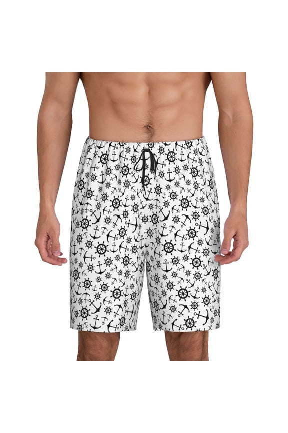 Nautical Themed Simple Anchors Print Men's Pajama Shorts with Drawstring & Pockets,Sleep Shorts for Men,Sleepwear Bottoms,Elastic Waistband Loungewear-Small