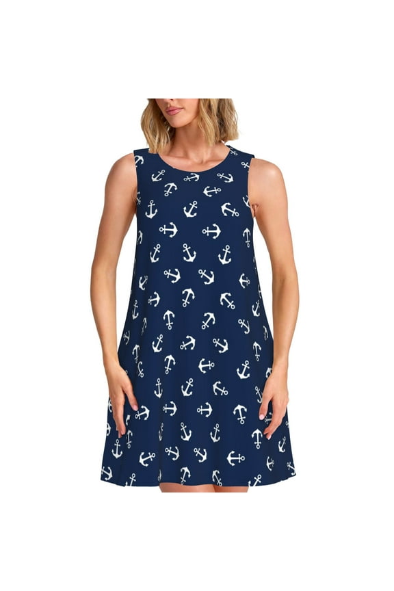 Nautical Themed Simple Anchors Print Summer Dresses for Women,Beach Sleeveless Flowy Pocket Tshirt Tank Sundresses,Women's Sleeveless Dress