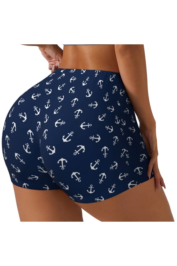 Nautical Themed Simple Anchors Print Women's Biker Shorts,Workout Gym Shorts,Scrunch Shorts,Tummy Control Hidden Scrunch Running Yoga Shorts-Medium