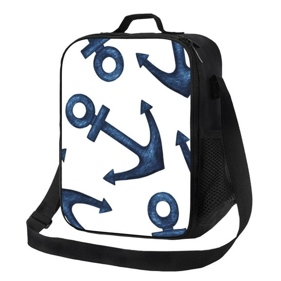 Logiee Navy Blue Anchor Print Insulated Lunch Bag for Women/Men, Reusable Lunch Box for Office Work School Picnic Beach,Leakproof Freezable Cooler Bag with Shoulder Strap