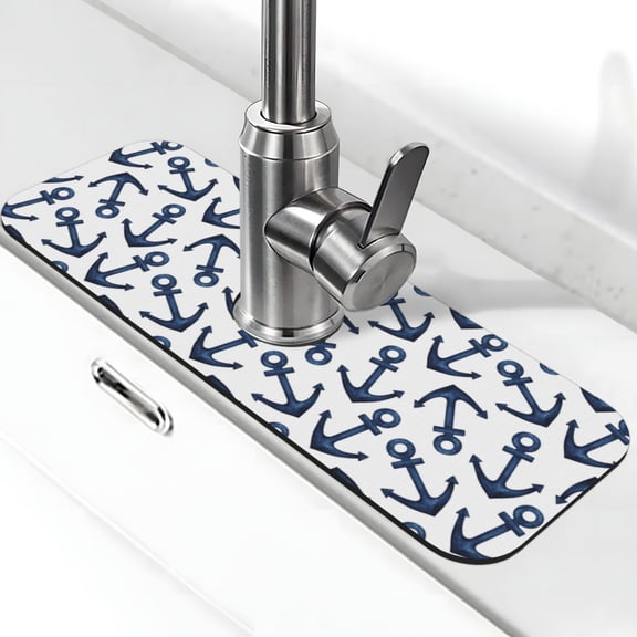 Logiee Navy Blue Anchors Print Kitchen Sink Splash Guard Faucet Mat for Splash Guard Behind Faucet Drip Catcher for Kitchen,Bathroom,Sink Mat,Dish Drying Mat,Bathroom-15" X 5.5"