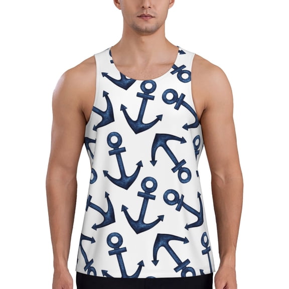 Logiee Navy Blue Anchors Print Men's Workout Tank Top,Quick Dry Workout Tank Top,Gym Muscle Tee,Fitness Bodybuilding Sleeveless T Shirt-X-Large