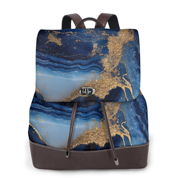 Gaeub Navy Blue Marble Print Women's Leather Backpack,Travel Laptop Backpack,Fashion Ladies Leather Backpack Bag for Travel,Leather Drawstring Daypack for Me