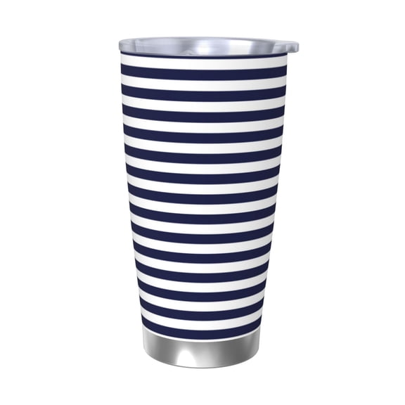 Logiee Navy Blue And White Stripes Print 20OZ Car Cup with Lid, Stainless Steel Vacuum Insulated Double Wall Travel Tumbler, Durable Insulated Coffee Mug,Thermal Cup with Straw-Without Straw