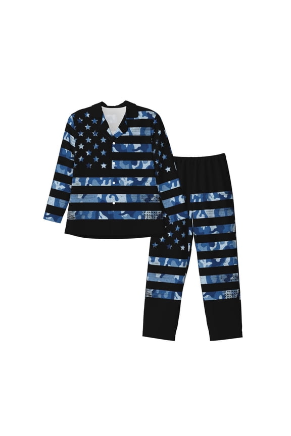 Navy Camouflage American Flag Print Mens Long Sleeve Pajama Set,Notched Collar Pajamas for Men, Men's Sleepwear,Mens Sleepwear with Pockets & Button Down-XX-Large