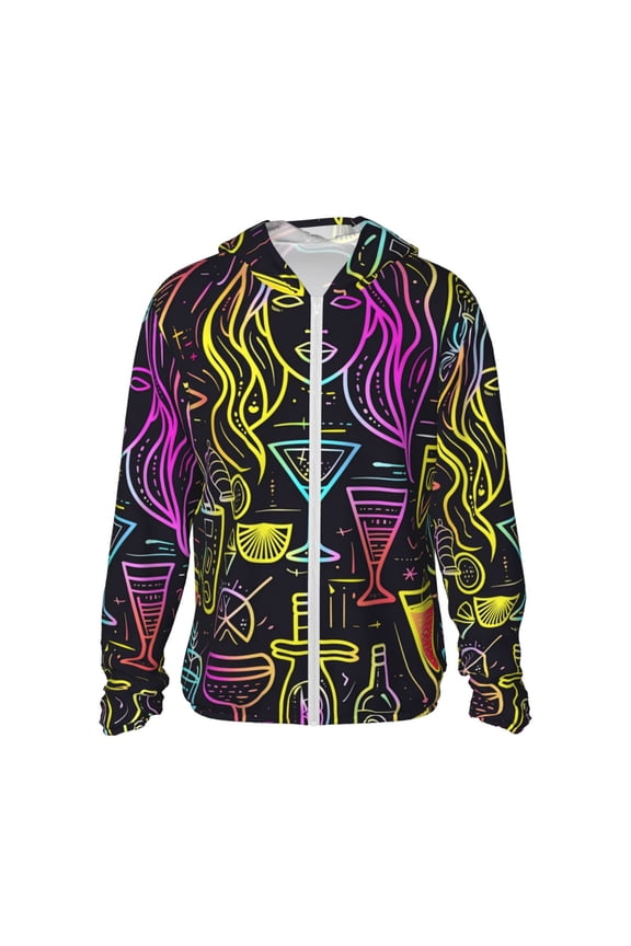 Neon Bar Drinks Print Men's Women Light Jacket Full Zip Sun Protection Hoodie Long Sleeve Sun Shirts for Men Hiking Fishing Zip Pockets-Medium