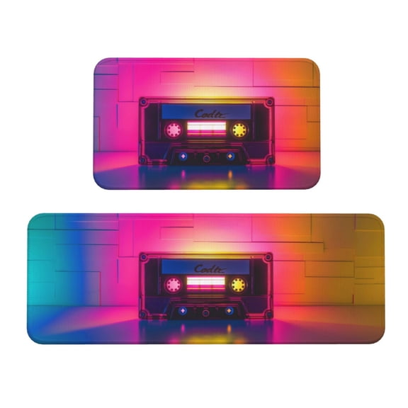 Logiee Neon Cassette Tape Print Kitchen Mats for Floor Sets of 2,Waterproof Kitchen Rugs,Non Slip Comfort Standing Mat Rug for Home,Runner,Sink,Office,Laundry