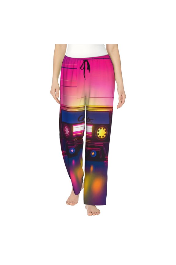 Neon Cassette Tape Print Women Pajama Pants,Comfy Pj Bottom with Pockets & Drawstring,Stretch Casual Sleepwear-Large