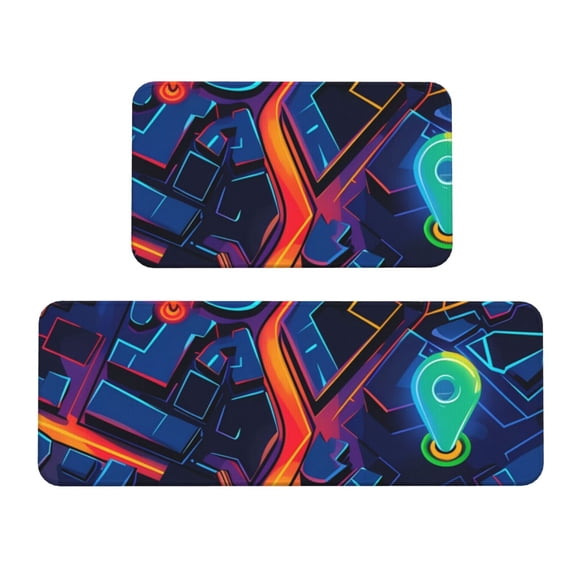 Logiee Neon City Map Print Kitchen Mats for Floor Sets of 2,Waterproof Kitchen Rugs,Non Slip Comfort Standing Mat Rug for Home,Runner,Sink,Office,Laundry