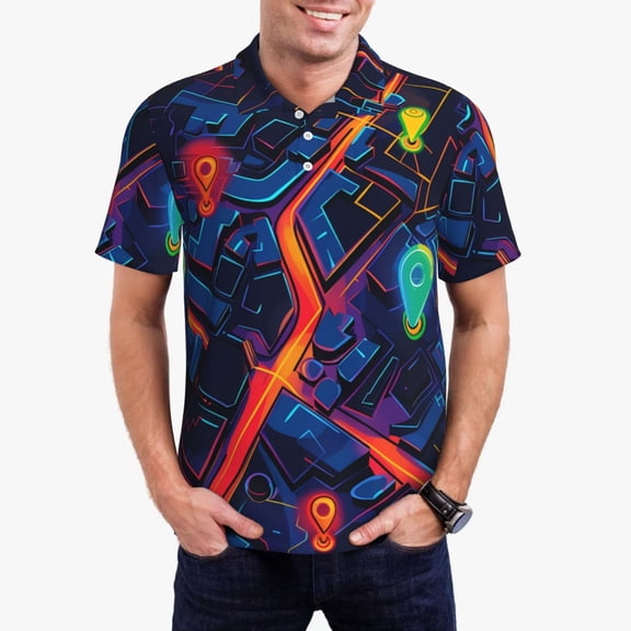 Logiee Neon City Map Print Mens Polo Shirts,Mens Golf Polo Shirts,Short Sleeve Casual Polo Shirts for Men,Summer Fashion Beach Shirts-Small