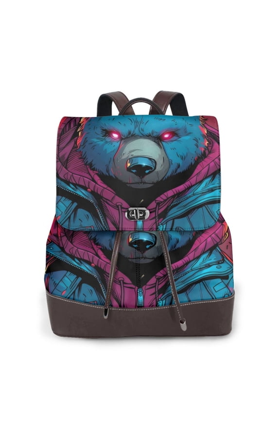 Logiee Neon Cyberpunk Blue Bear Print Backpack Purse for Women,Fashion Leather Backpack Purse,Women's Leather Backpack for Work College Travel