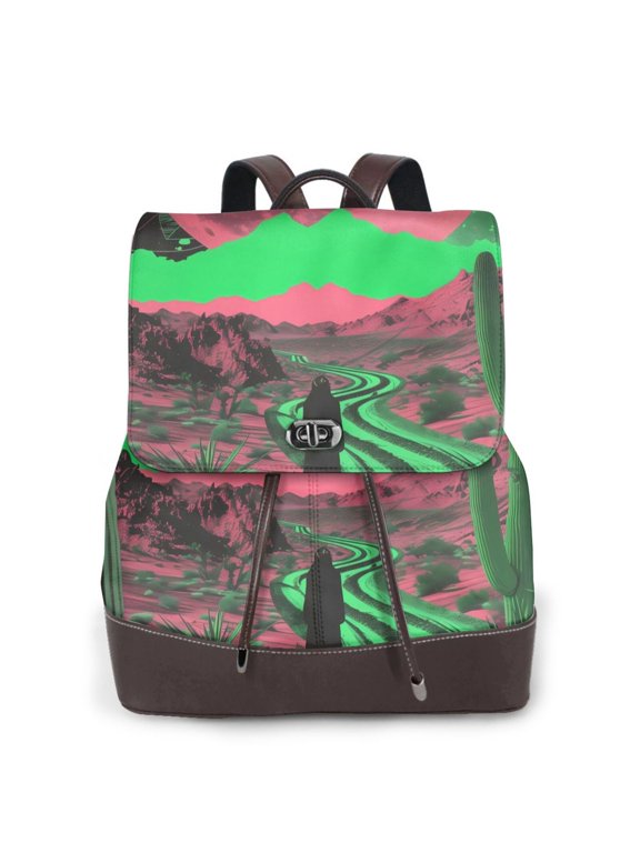 Neon Desert Moon Print Women's Leather Backpack,Travel Laptop Backpack,Fashion Ladies Leather Backpack Bag for Travel,Leather Drawstring Daypack for Me