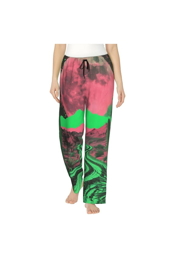 Neon Desert Moon Print Women Pajama Pants,Comfy Pj Bottom with Pockets & Drawstring,Stretch Casual Sleepwear-Medium