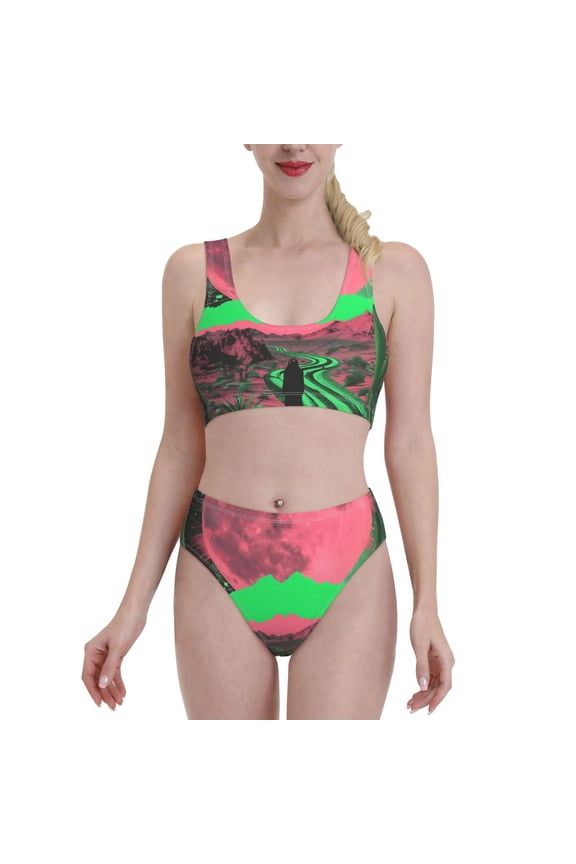 Neon Desert Moon Print Women's 2 Piece Bikini Set Halter Bathing Suit High Waisted Bikini Sets-XX-Large