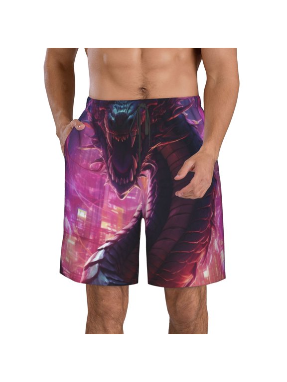 Neon Futuristic Dragon Print Mens Swim Trunks Quick Dry Board Shorts,Breathable Hawaii Beach Shorts Swimwear Bathing Suits-Medium