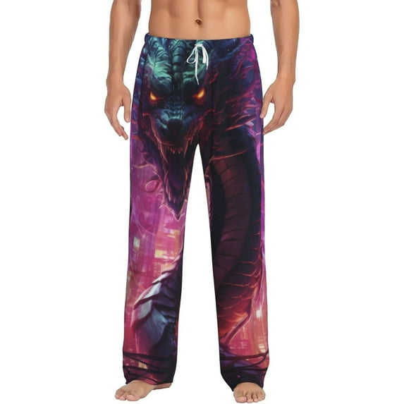 Logiee Neon Futuristic Dragon Print Pajama Pants for Men,Men’s Pajama Bottoms,Mens PJ Pants with Pockets & Button Fly-XX-Large