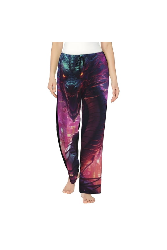Neon Futuristic Dragon Print Women Pajama Pants,Comfy Pj Bottom with Pockets & Drawstring,Stretch Casual Sleepwear-Small