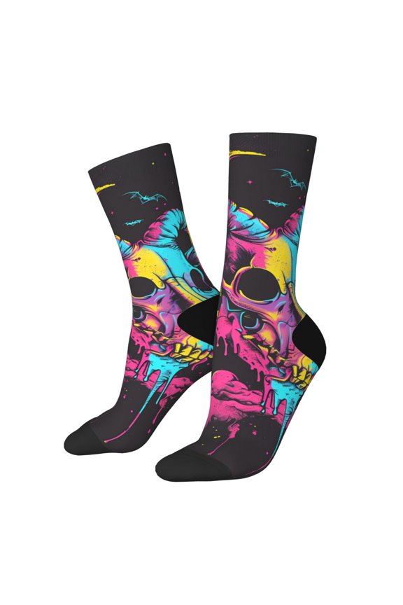 Neon Gothic Skull Moon Print Adult Socks for Men & Women,Calf Socks, Ankle Socks,Boots Socks,Breathable Casual Sock,Unisex Crew Socks