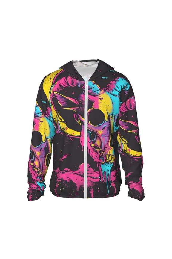 Neon Gothic Skull Moon Print Men's Women Light Jacket Full Zip Sun Protection Hoodie Long Sleeve Sun Shirts for Men Hiking Fishing Zip Pockets-