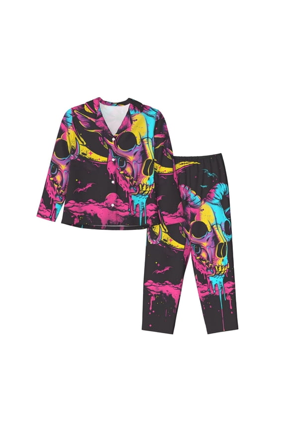 Neon Gothic Skull Moon Print Womens Pajamas Set,Long Sleeve Sleepwear,Button Down Lounge Set 2 Pieces,Soft Nightwear Pjs Set-Large