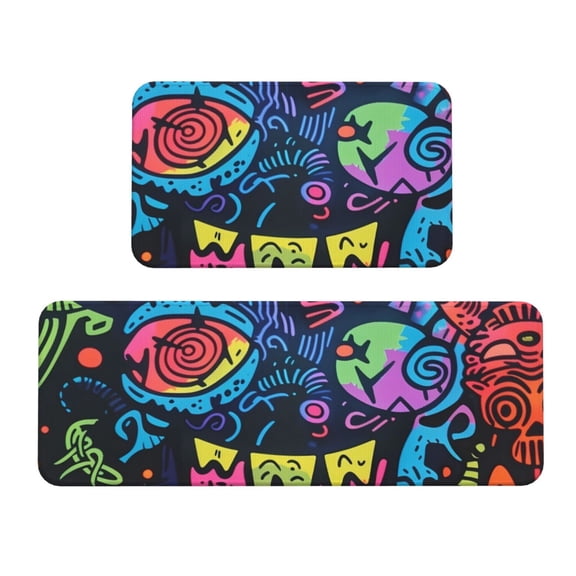 Logiee Neon Graffiti Urban Art Print Kitchen Mats for Floor Sets of 2,Waterproof Kitchen Rugs,Non Slip Comfort Standing Mat Rug for Home,Runner,Sink,Office,Laundry