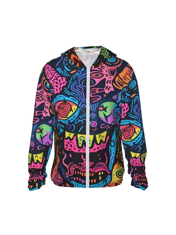 Neon Graffiti Urban Art Print Men's Women Light Jacket Full Zip Sun Protection Hoodie Long Sleeve Sun Shirts for Men Hiking Fishing Zip Pockets-3X-Large