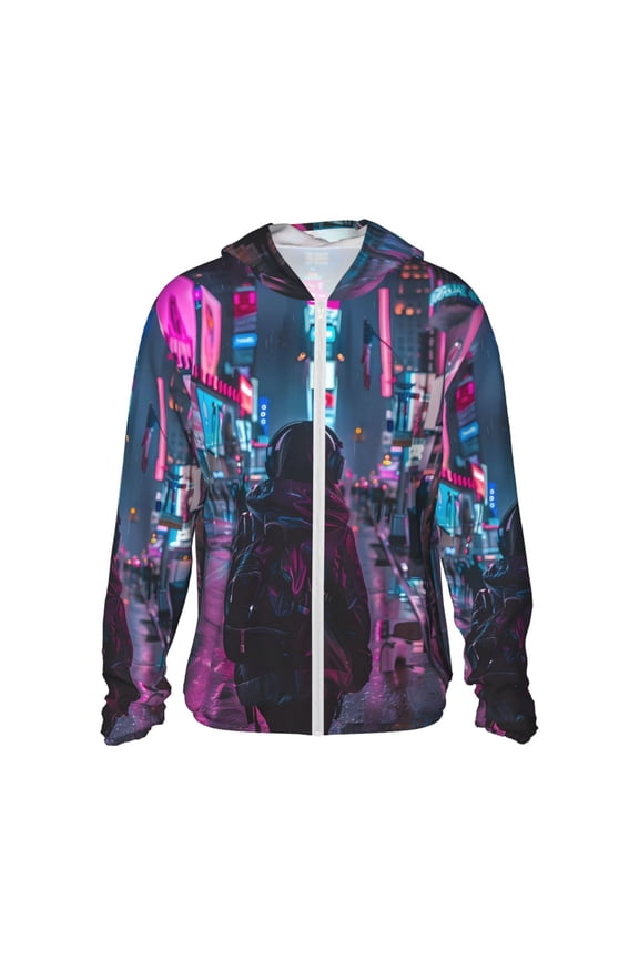 Neon Night Cityscape Print Men's Women Light Jacket Full Zip Sun Protection Hoodie Long Sleeve Sun Shirts for Men Hiking Fishing Zip Pockets-3X-Large