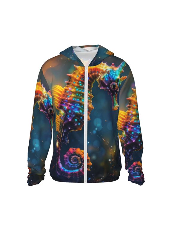 Neon Seahorse Underwater Realm Print Men's Women Light Jacket Full Zip Sun Protection Hoodie Long Sleeve Sun Shirts for Men Hiking Fishing Zip Pockets-X-Large