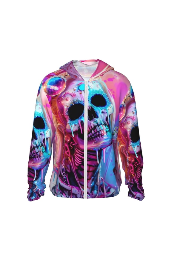 Neon Skull With Milkshake Print Men's Women Light Jacket Full Zip Sun Protection Hoodie Long Sleeve Sun Shirts for Men Hiking Fishing Zip Pockets-3X-Large
