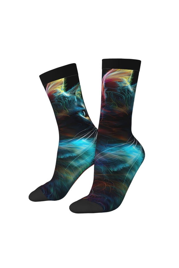 Neon Spectrum Cat Portrait Print Adult Socks for Men & Women,Calf Socks, Ankle Socks,Boots Socks,Breathable Casual Sock,Unisex Crew Socks