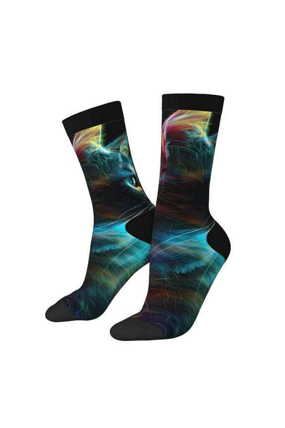 Neon Spectrum Cat Portrait Print Adult Socks for Men & Women,Calf Socks, Ankle Socks,Boots Socks,Breathable Casual Sock,Unisex Crew Socks