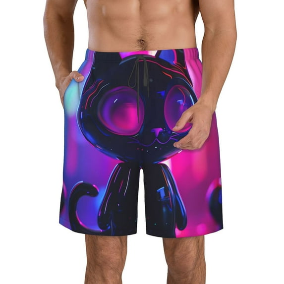 Logiee Neon Toy Cat Reflections Print Mens Swim Trunks Quick Dry Board Shorts,Breathable Hawaii Beach Shorts Swimwear Bathing Suits-X-Large