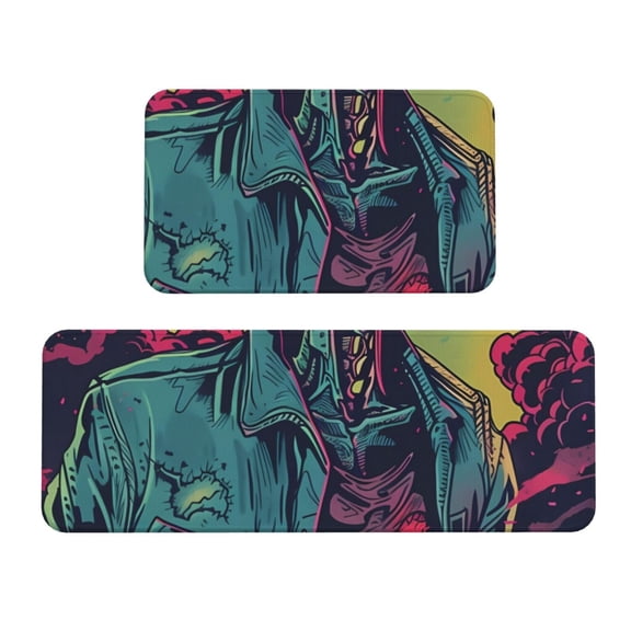 Logiee Neon Zombie Skull Print Kitchen Mats for Floor Sets of 2,Waterproof Kitchen Rugs,Non Slip Comfort Standing Mat Rug for Home,Runner,Sink,Office,Laundry